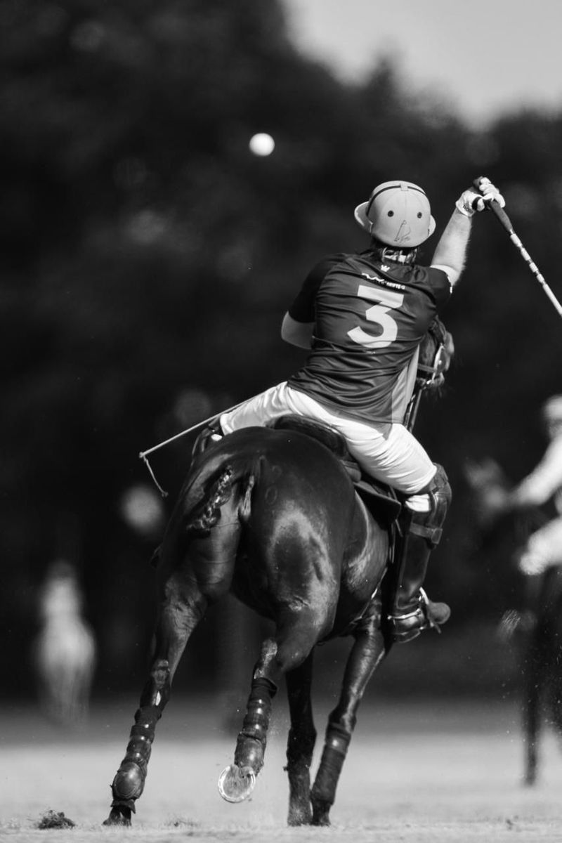 Polo player on horseback swings mallet toward a ball during a match.