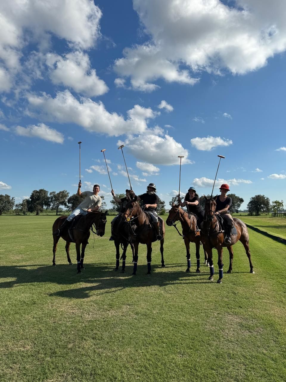 Polo players on horseback lined up on a grassy field under a bright blue sky