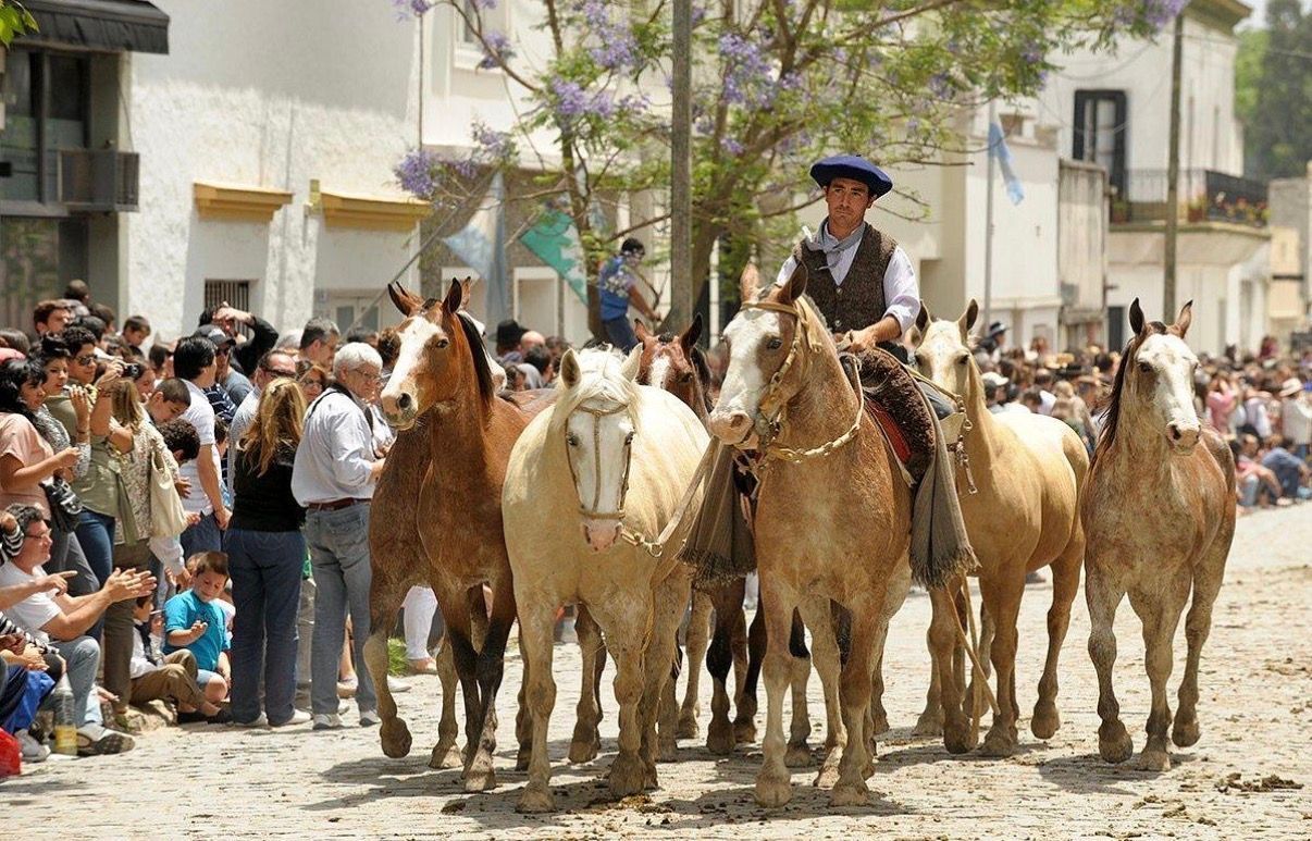 Riders on horses lead a herd through a dusty village street as spectators watch from the sides