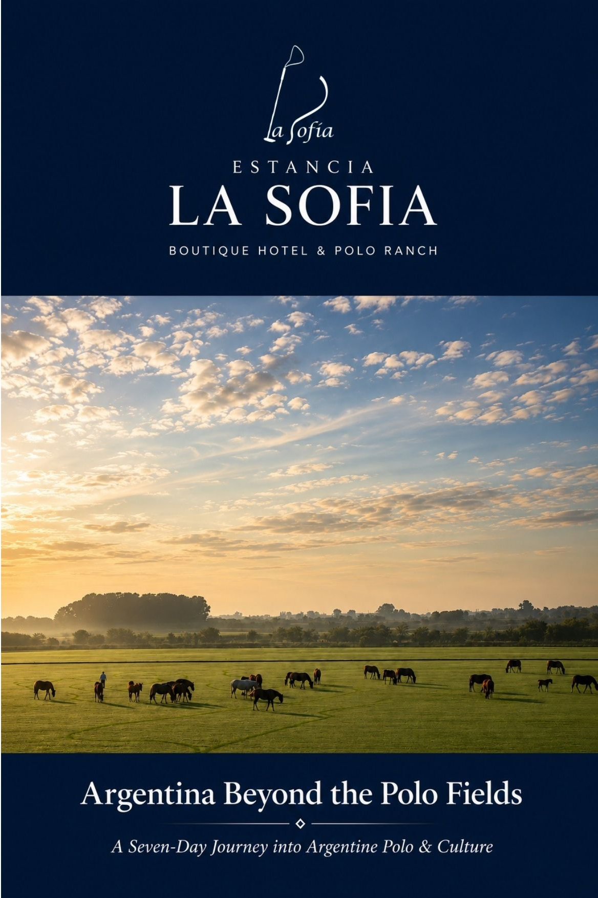 Estancia La Sofia cover with cows grazing in a green field under a cloudy sunset sky.