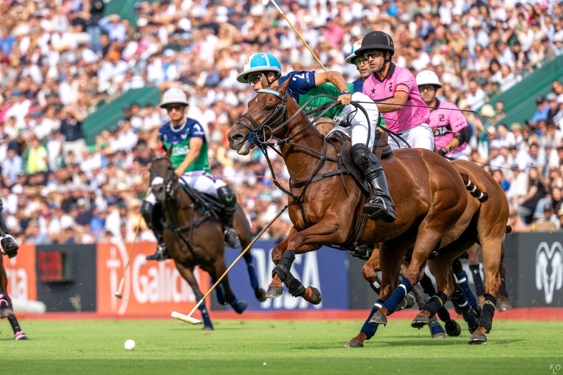 Horse race with jockeys sprinting on a turf track, one horse leading near the finish line