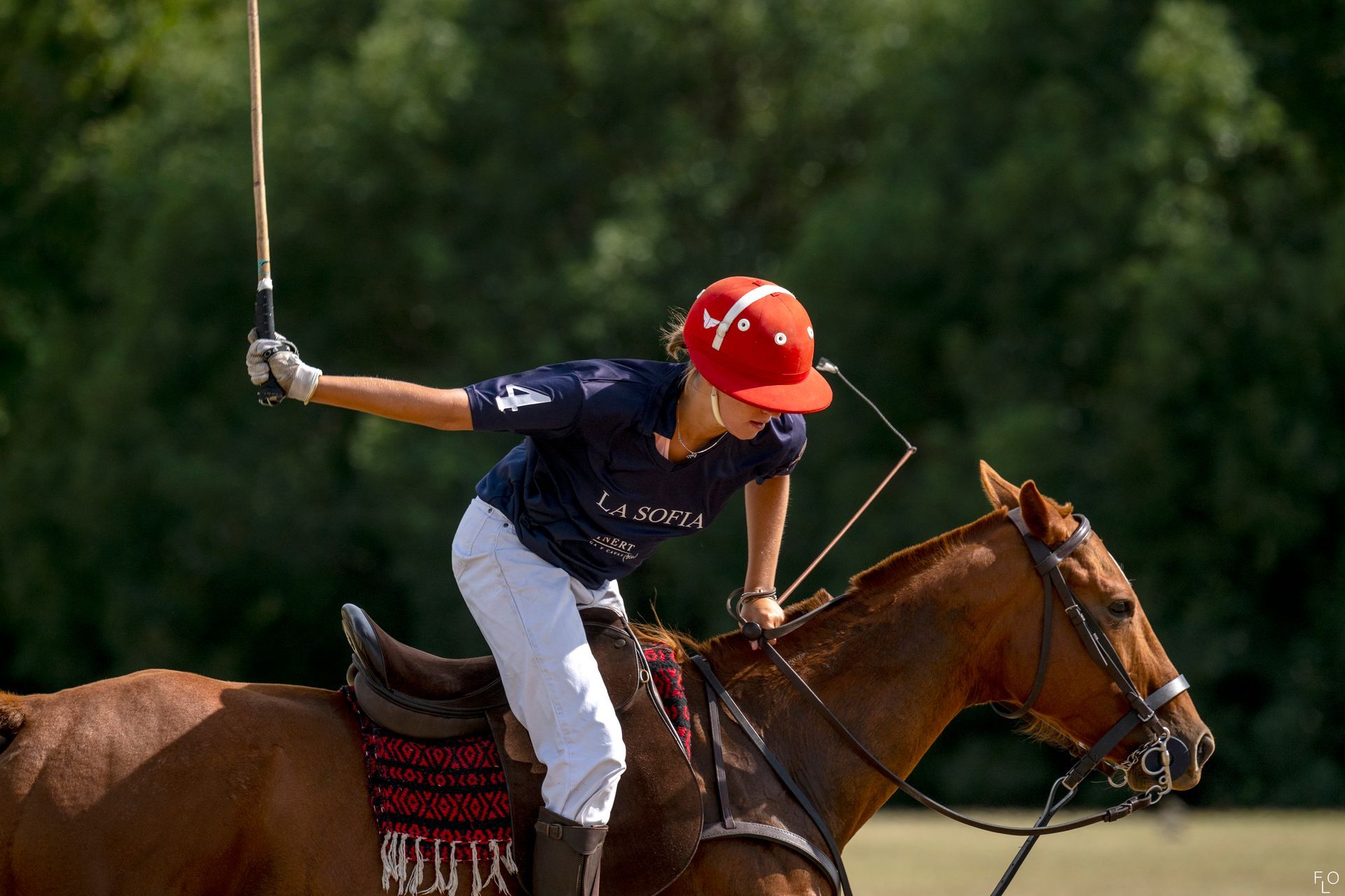 Polo player in red helmet leans forward on a galloping brown horse, mallet raised on a grassy field