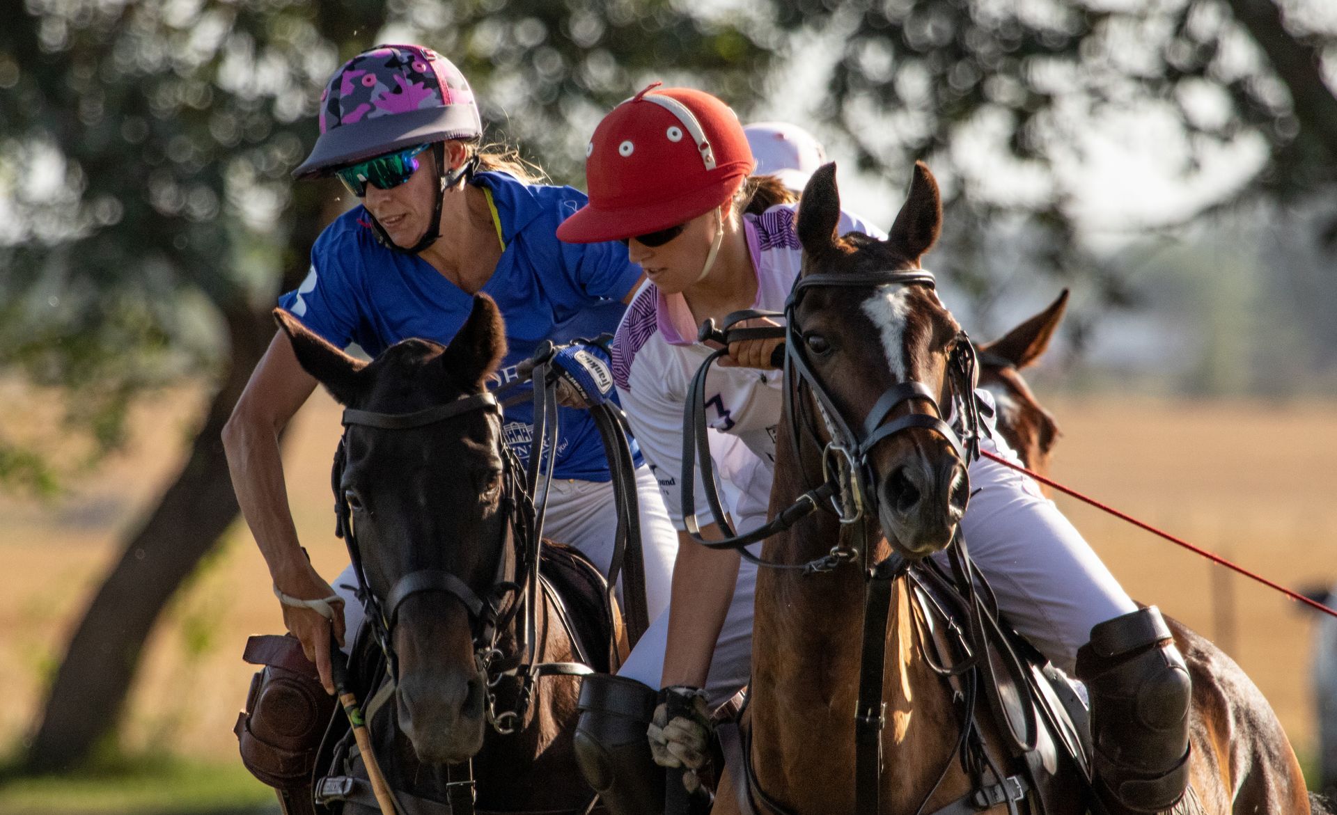Two jockeys in colorful helmets race horses side by side on a dirt track.