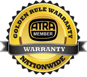 Gold and black ATRA member warranty badge with ribbon reading “Golden Rule Warranty Nationwide”