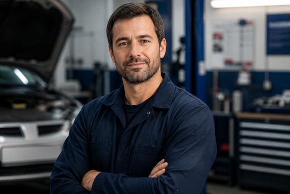 Mechanic standing with arms crossed in an auto repair shop beside a car and tool cabinets