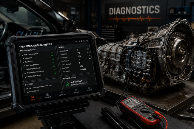Car diagnostics tablet beside a damaged transmission in a garage, with a “DIAGNOSTICS” sign in the background.