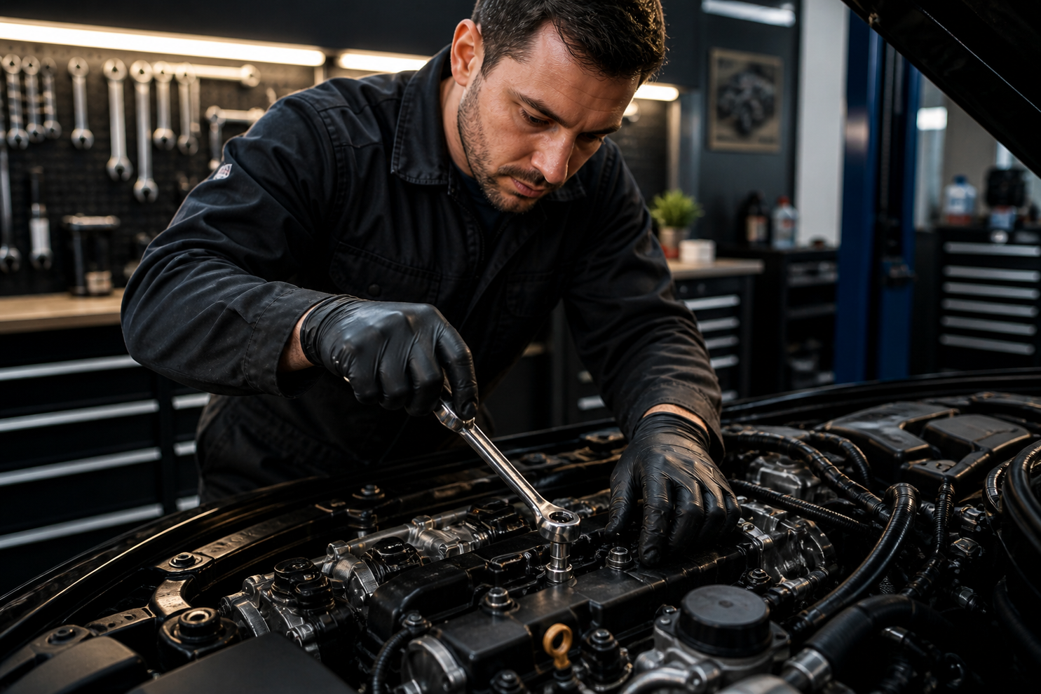 Mechanic in black gloves inspects a car engine with a tool in a garage workshop
