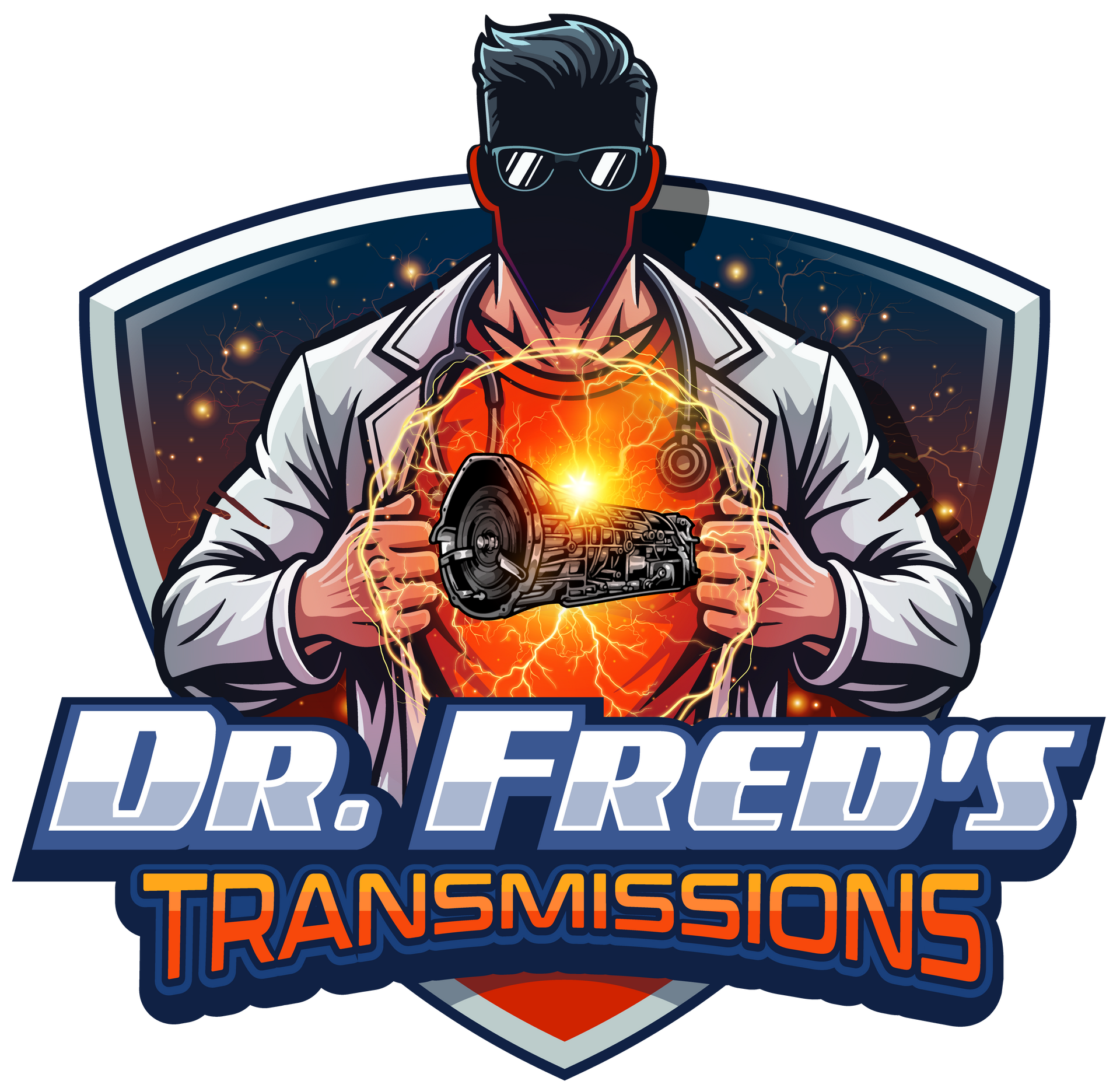 Logo of Dr. Fred’s Transmissions featuring a mechanic holding a glowing transmission with a shield backdrop