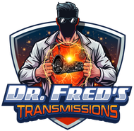 Logo of Dr. Fred’s Transmissions featuring a mechanic holding a glowing transmission with a shield backdrop