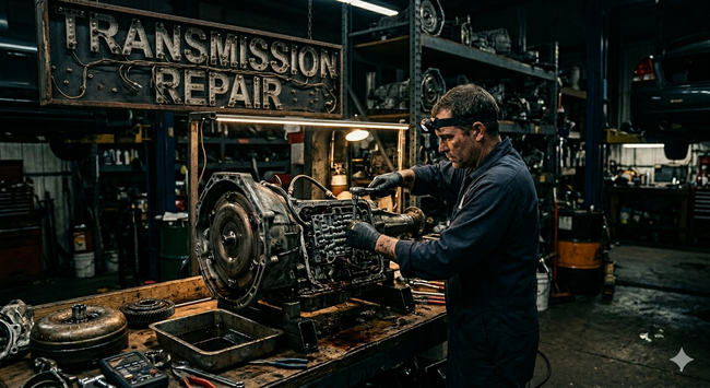 Mechanic working on a transmission in a dim garage with a TRANSMISSION REPAIR sign overhead