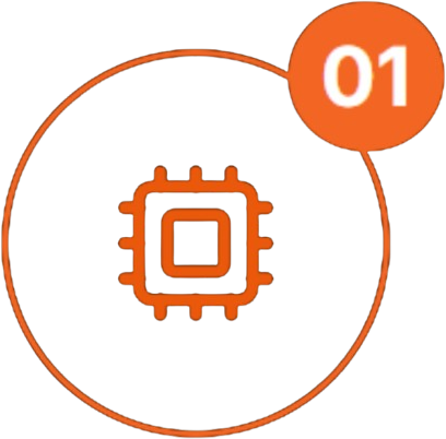 Orange microchip icon inside a circle with a small “01” badge in the corner