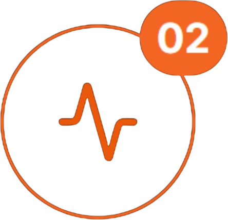 Orange circular health icon with a white heartbeat line and a small “02” badge in the corner