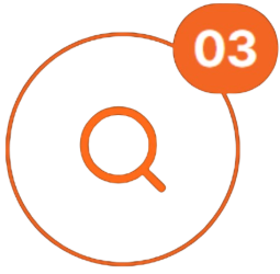 Orange magnifying glass icon with a “03” badge in the top-right corner