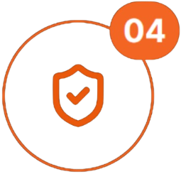 Orange shield with checkmark inside a circle, with a small orange “04” badge in the top right
