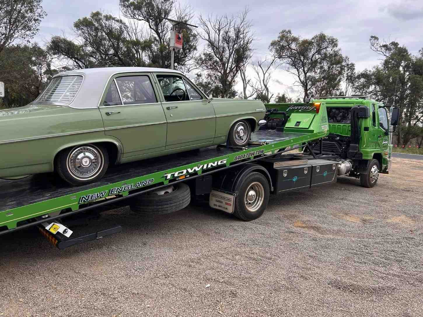 Green Classic Car Loaded on A Green Tow Truck — New England Towing in Inverell, NSW