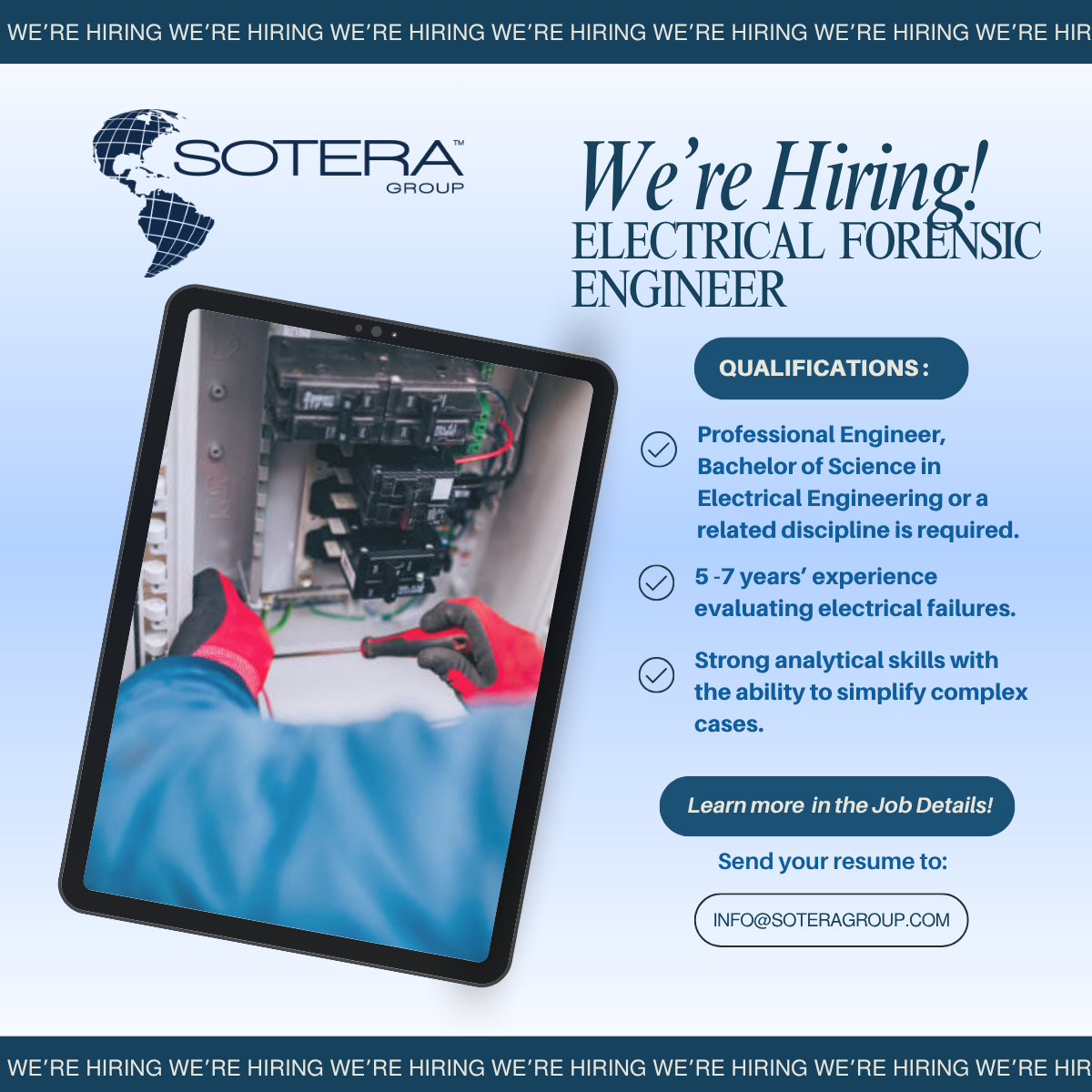 Job advertisement: electrical forensic engineer position, with image of hands working on electrical panel.