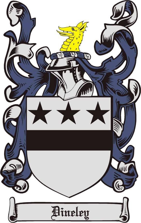 Coat of arms with silver shield, black bar and three black stars, crest is a yellow dragon.