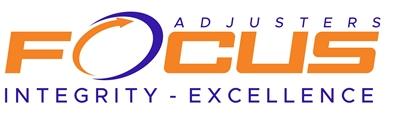 Logo for Focus Adjusters: orange text, blue circular arrow, 