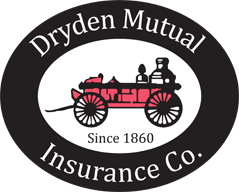 Dryden Mutual Insurance logo featuring red antique vehicle, black oval frame, and text.