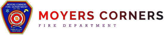 Logo of Moyers Corners Fire Department: Blue, red, and gold emblem next to red and black text.