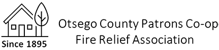 Logo of Otsego County Patrons Co-op Fire Relief Association, featuring a house, tree, and text 