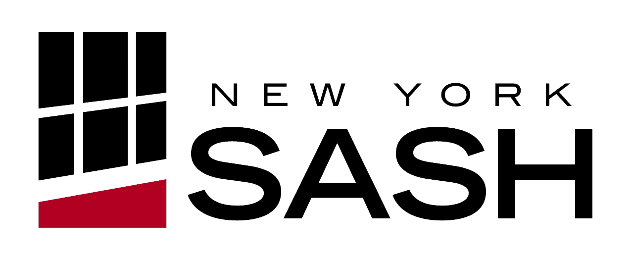 Logo for New York Sash, featuring a stylized window with black panes and red base. Text: 