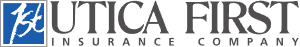 Logo of Utica First Insurance Company. Features text in a serif font and a blue box with a white emblem.
