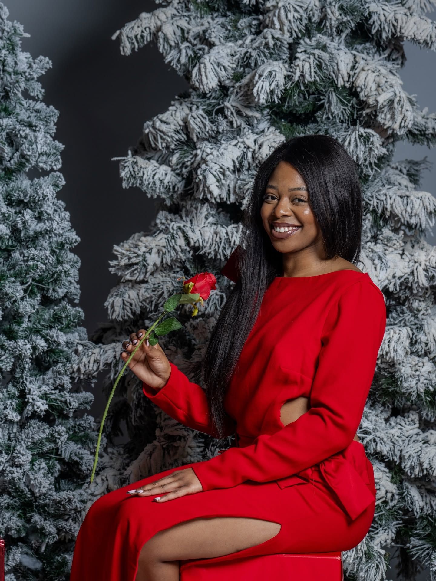 Woman in a red dress holding a flower, seated beside snow-covered trees against a dark backdrop.