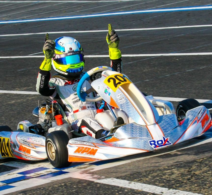 Max Opalski in a go kart after his win at the ROK event in 2020.