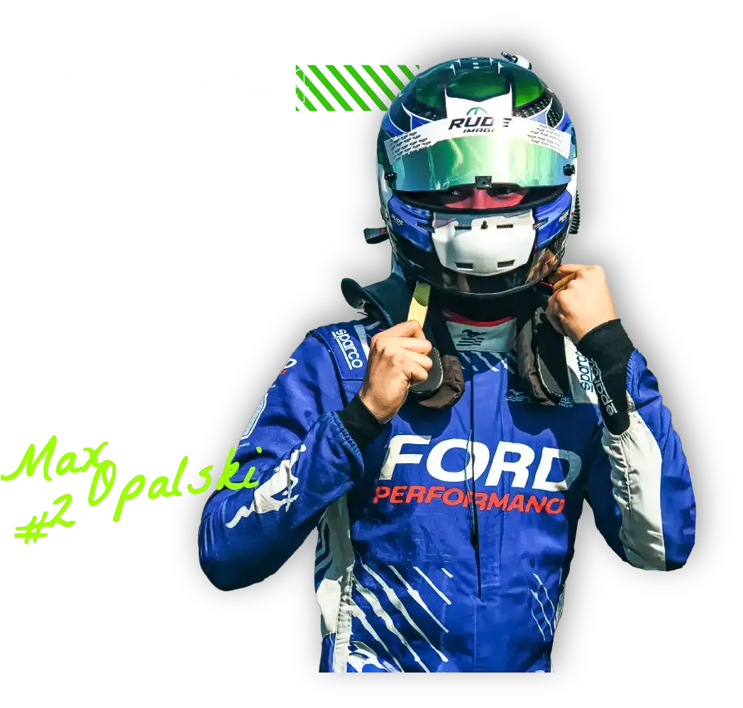 Max Opalski clipped his helmet and wore his blue and white race suit which reads Ford Performance.
