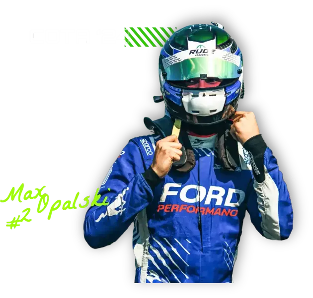 Max Opalski clipped his helmet and wore his blue and white race suit which reads Ford Performance.
