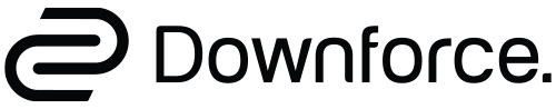 A black and white logo for downforce on a white background.