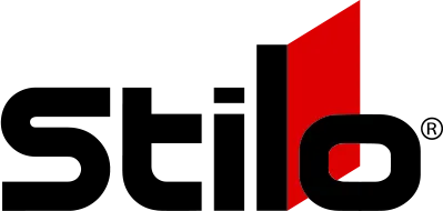 A black and red logo for stilo on a white background.