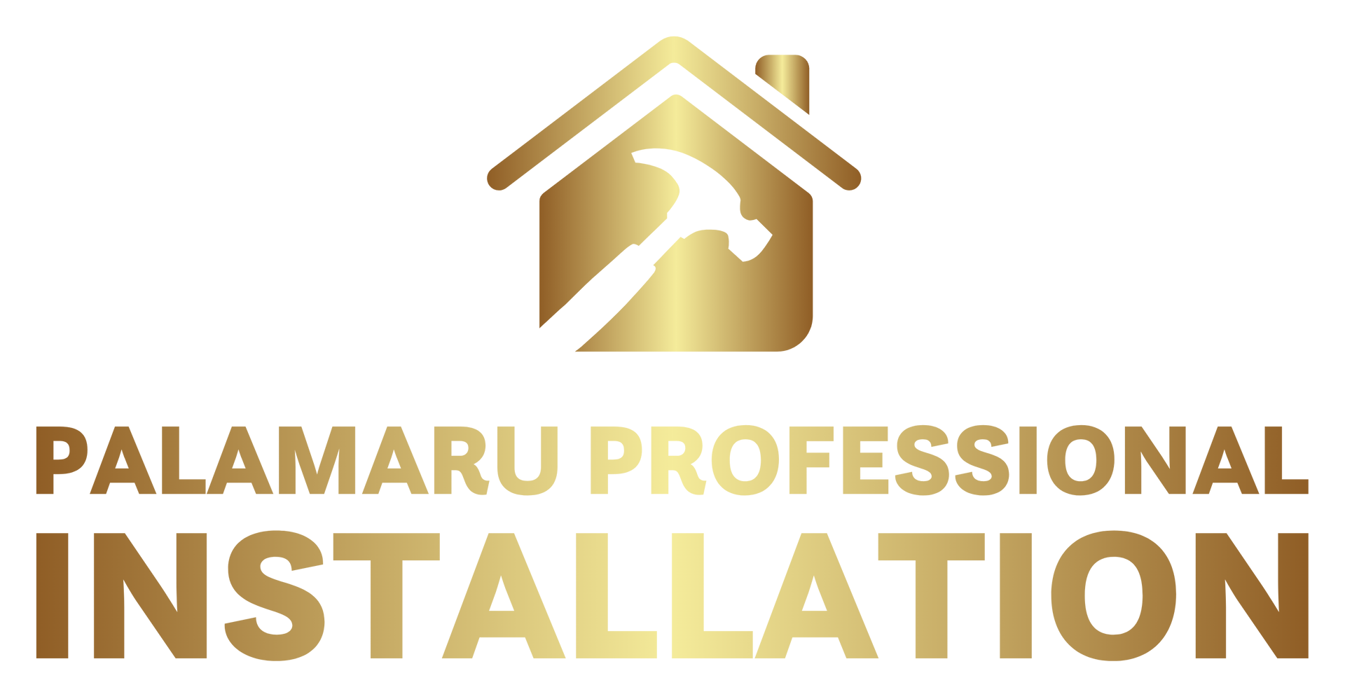 Gold logo: house silhouette with hammer, 