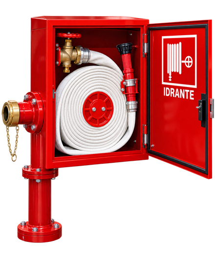 Cassetta antincendio rossa con sportello aperto, tubo arrotolato e lancia, con la scritta «IDRANTE» sullo sportello