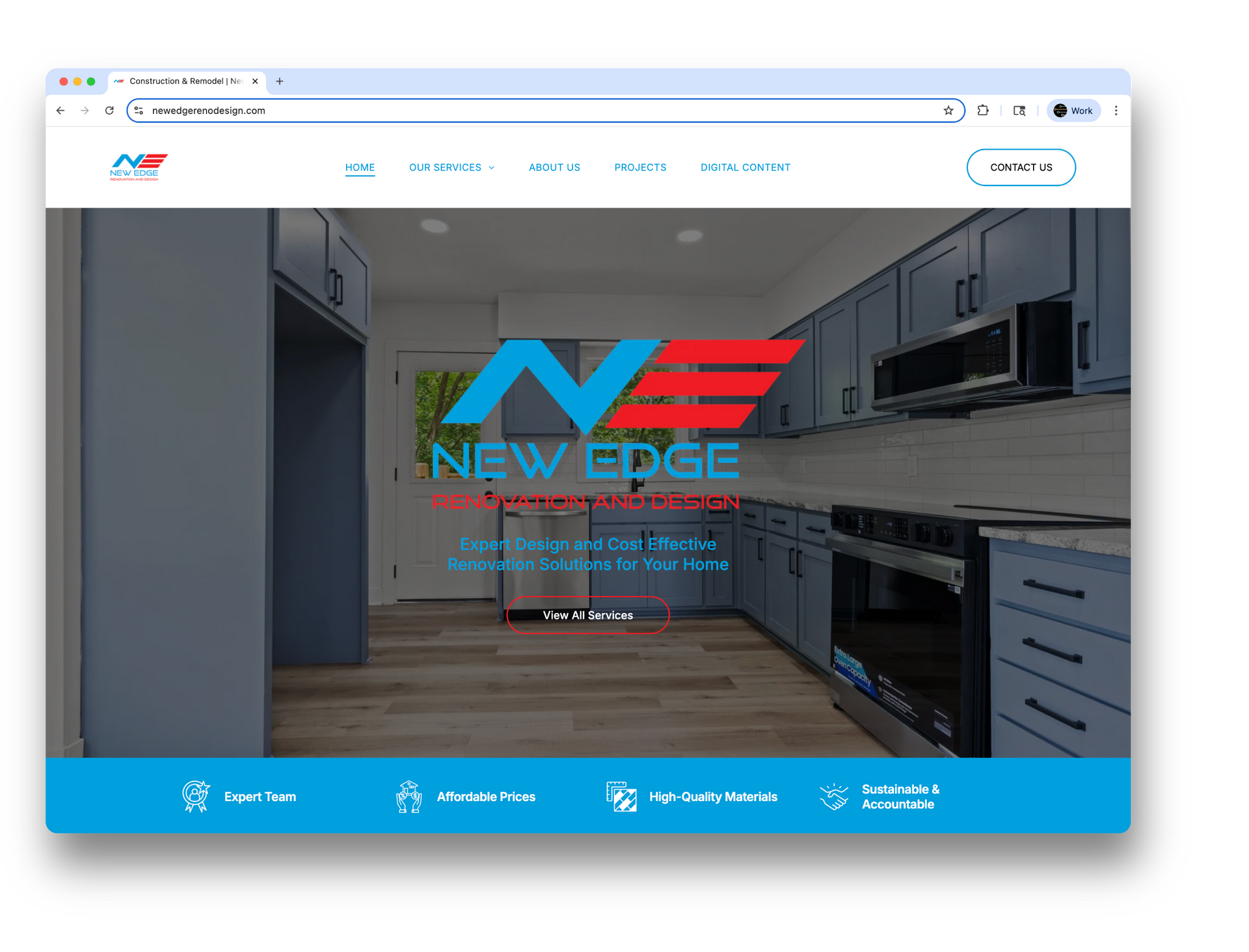 A computer screen shows a kitchen with a new edge logo on it.