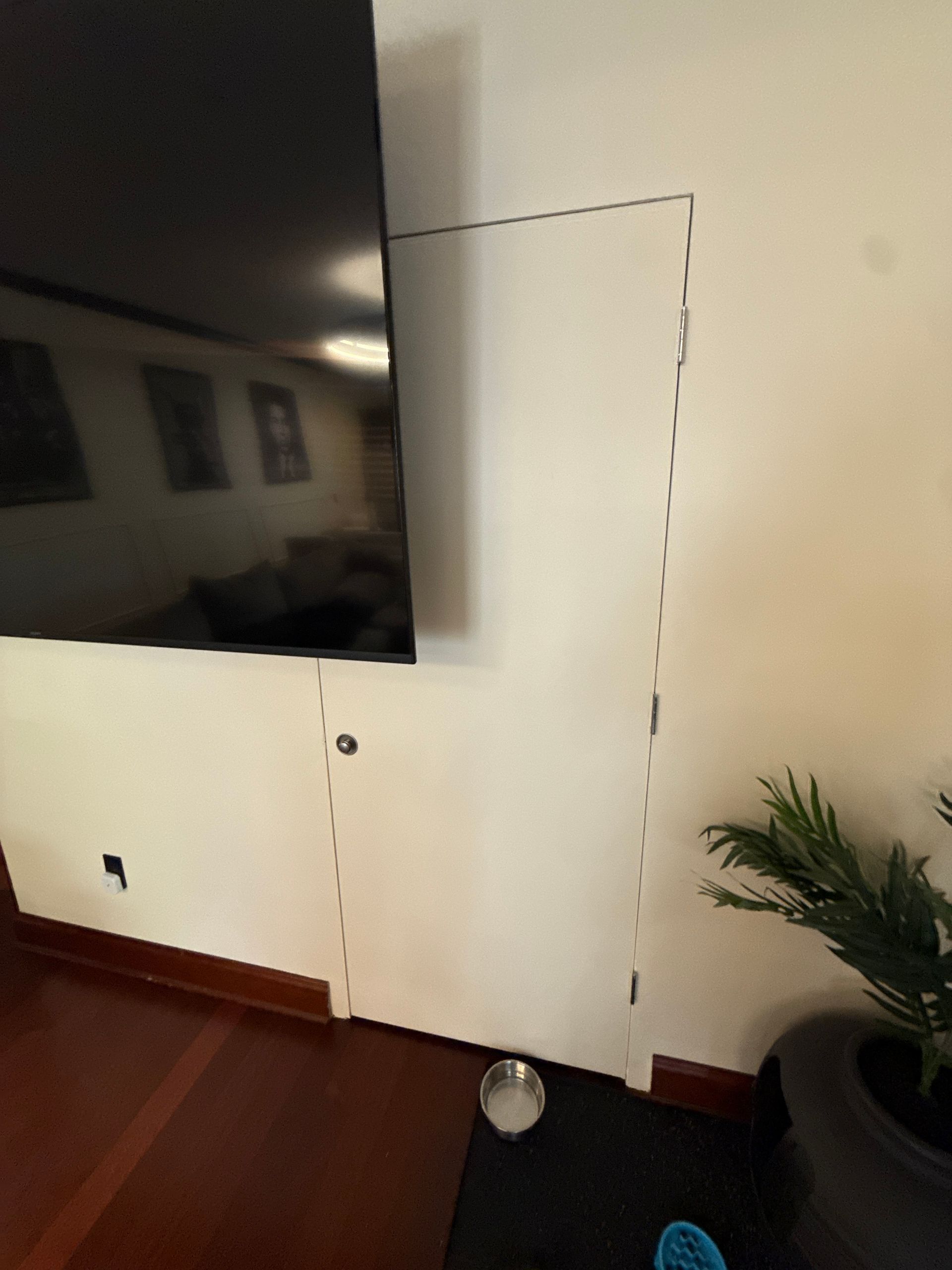 Large wall-mounted TV above a low white cabinet in a living room, with a potted plant beside it.