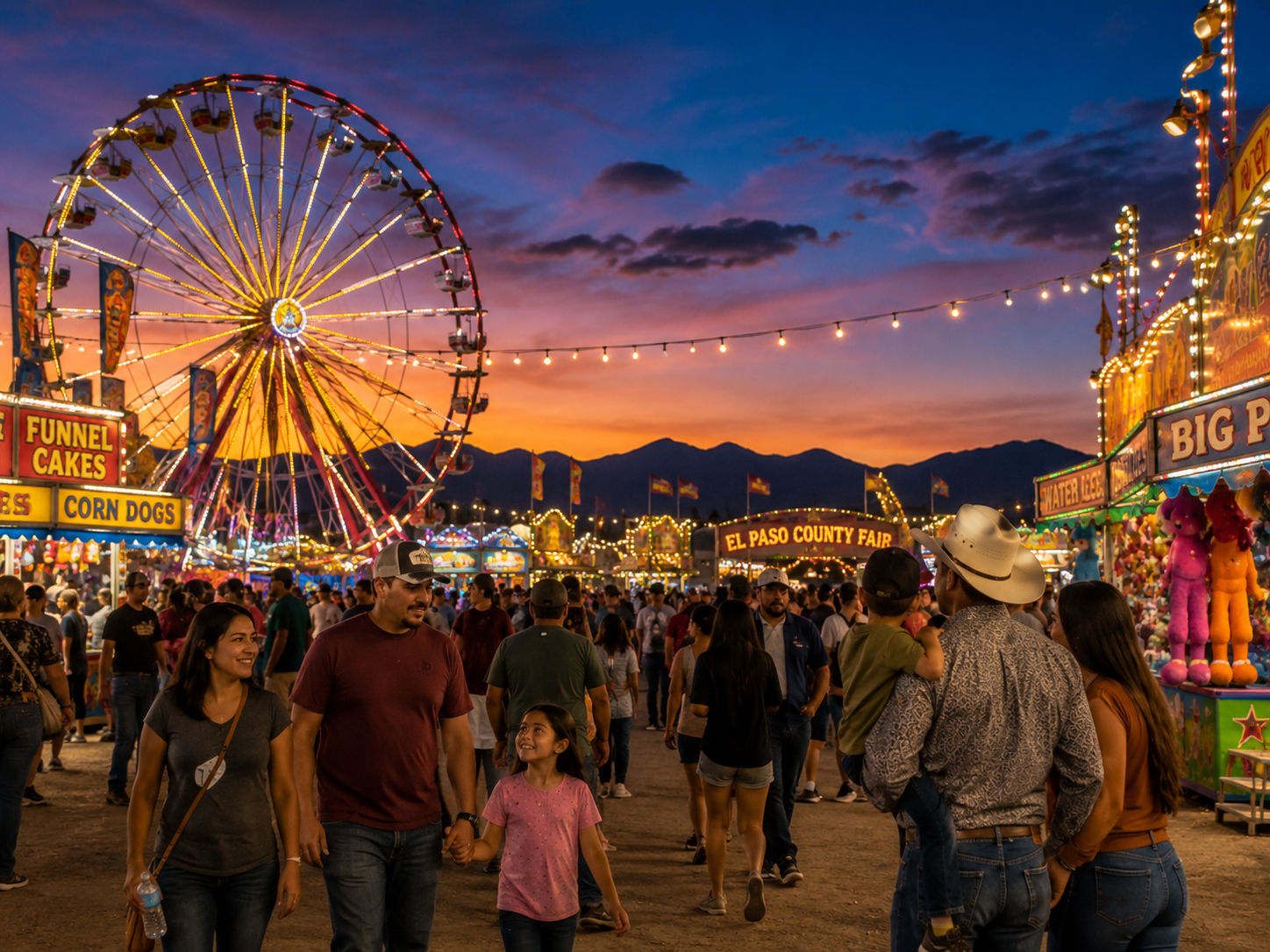 Families enjoy the El Paso County Fair at dusk beneath a glowing Ferris wheel and string lights.