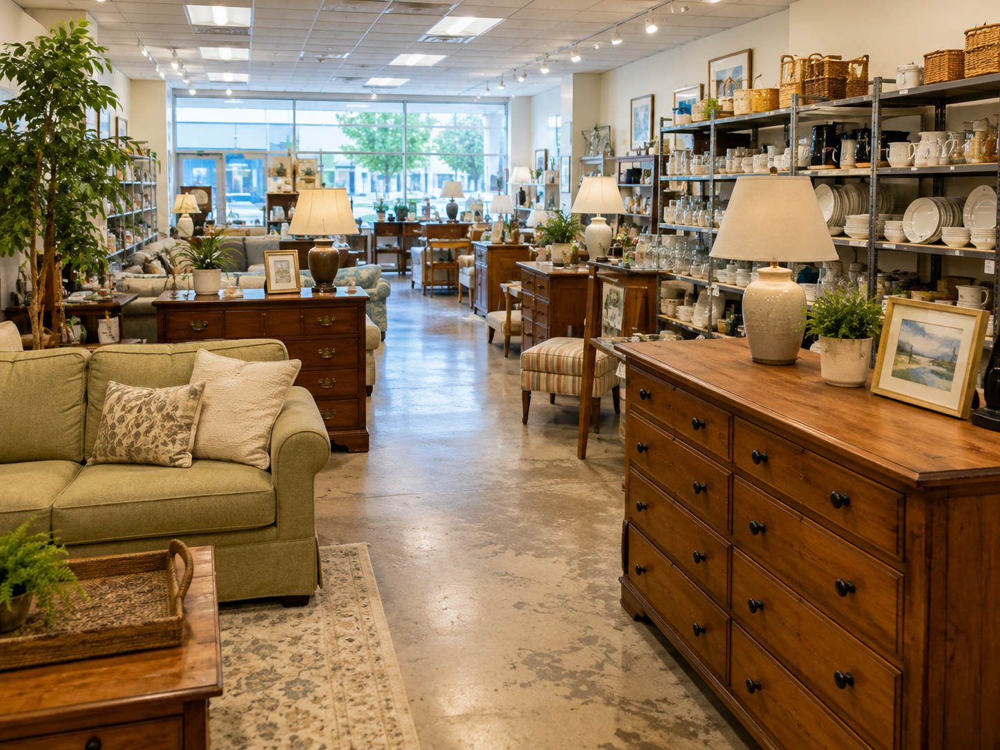 Secondhand showroom aisle with a well-kept sofa, wood dresser, and lamps under bright retail lightin