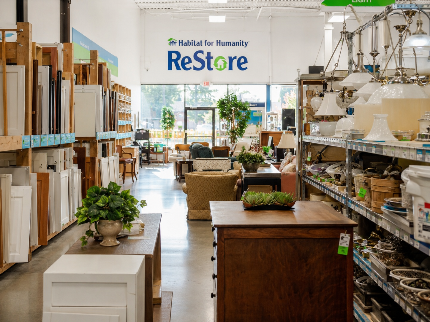 Bright Habitat ReStore aisle with donated furniture, cabinets, lighting, and organized home goods.