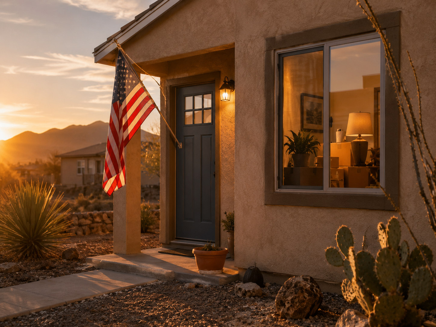 Modest El Paso home at sunset with American flag and warm lit window, symbolizing hope and home.