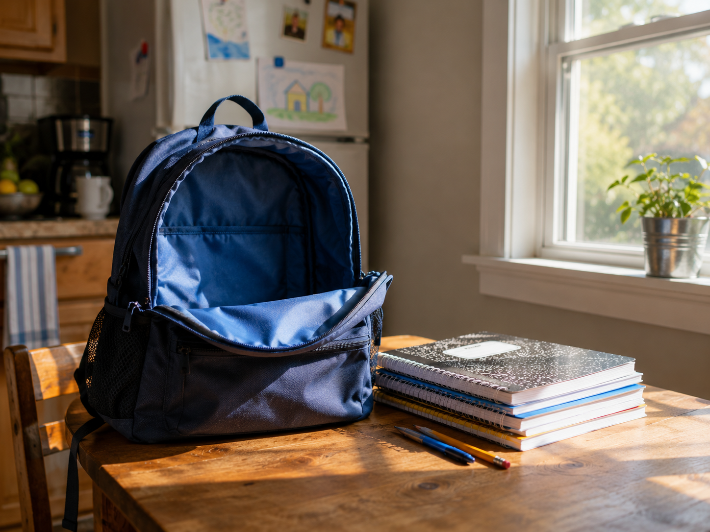 Empty child's backpack and stacked notebooks on a wooden kitchen table in soft early-morning light