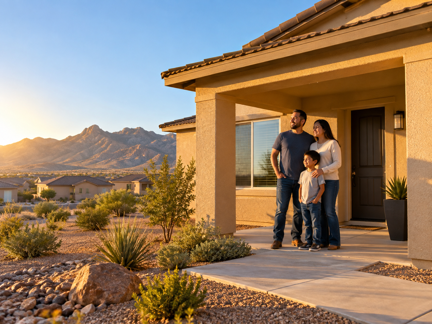 Family standing on the porch of a new stucco home in an El Paso neighborhood at golden hour