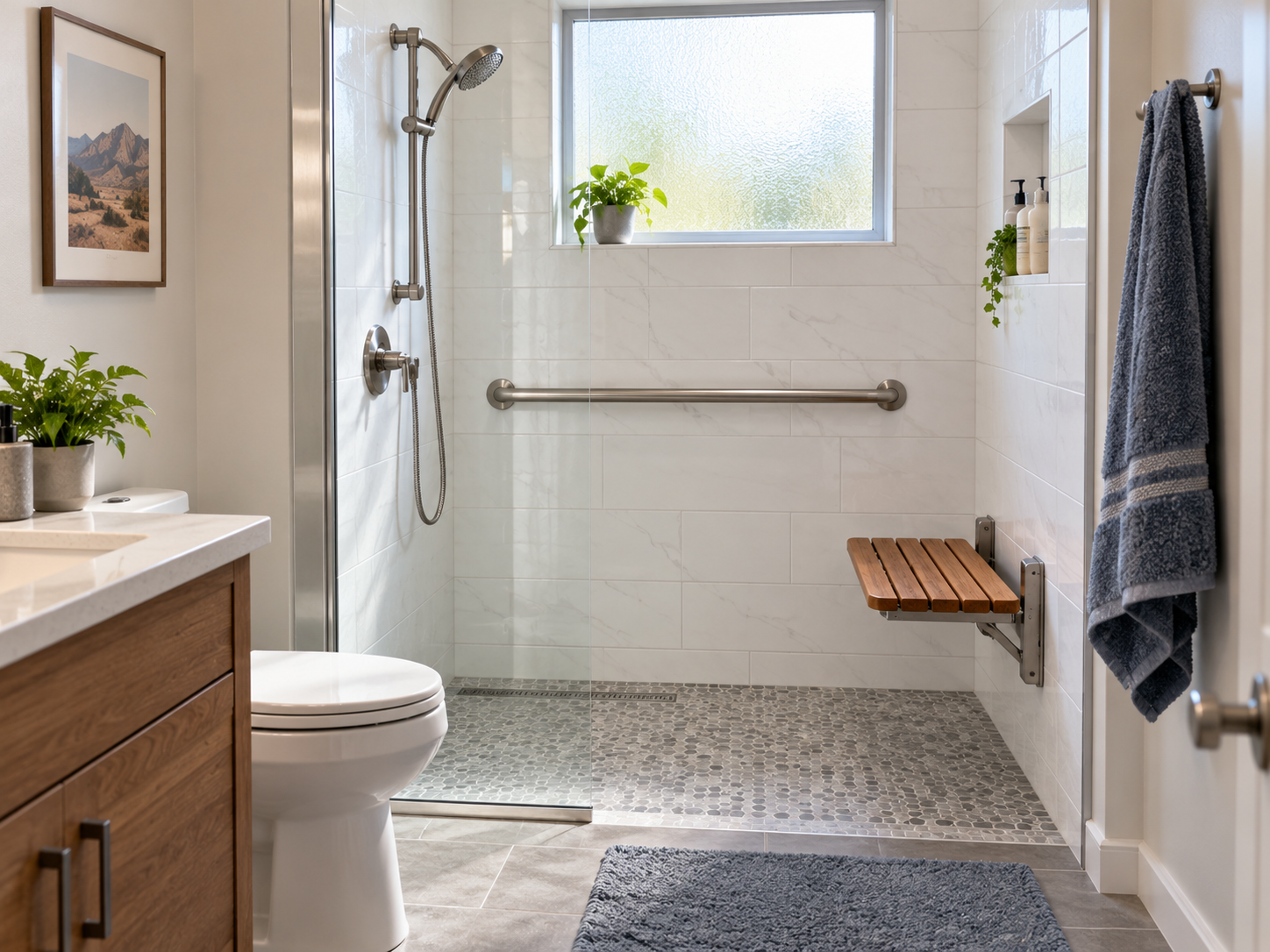 Curbless walk-in shower with a stainless grab bar and folding teak seat in a small remodeled bathroo