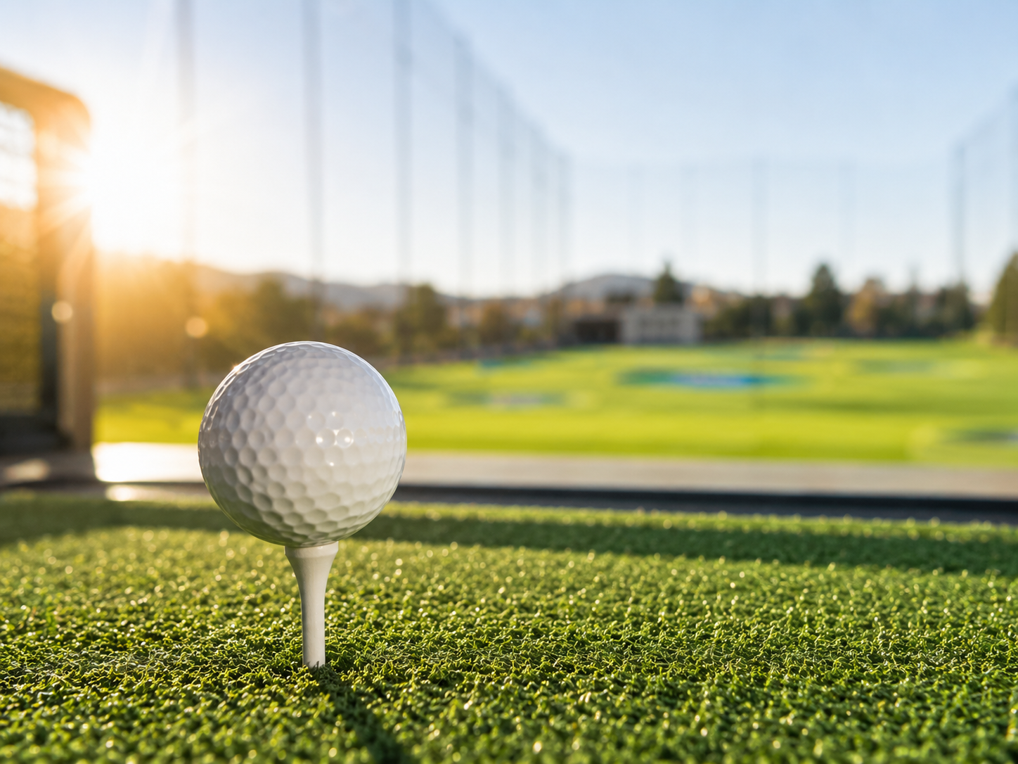 Golf ball on a tee in an empty hitting bay with a sunlit driving range stretching out beyond