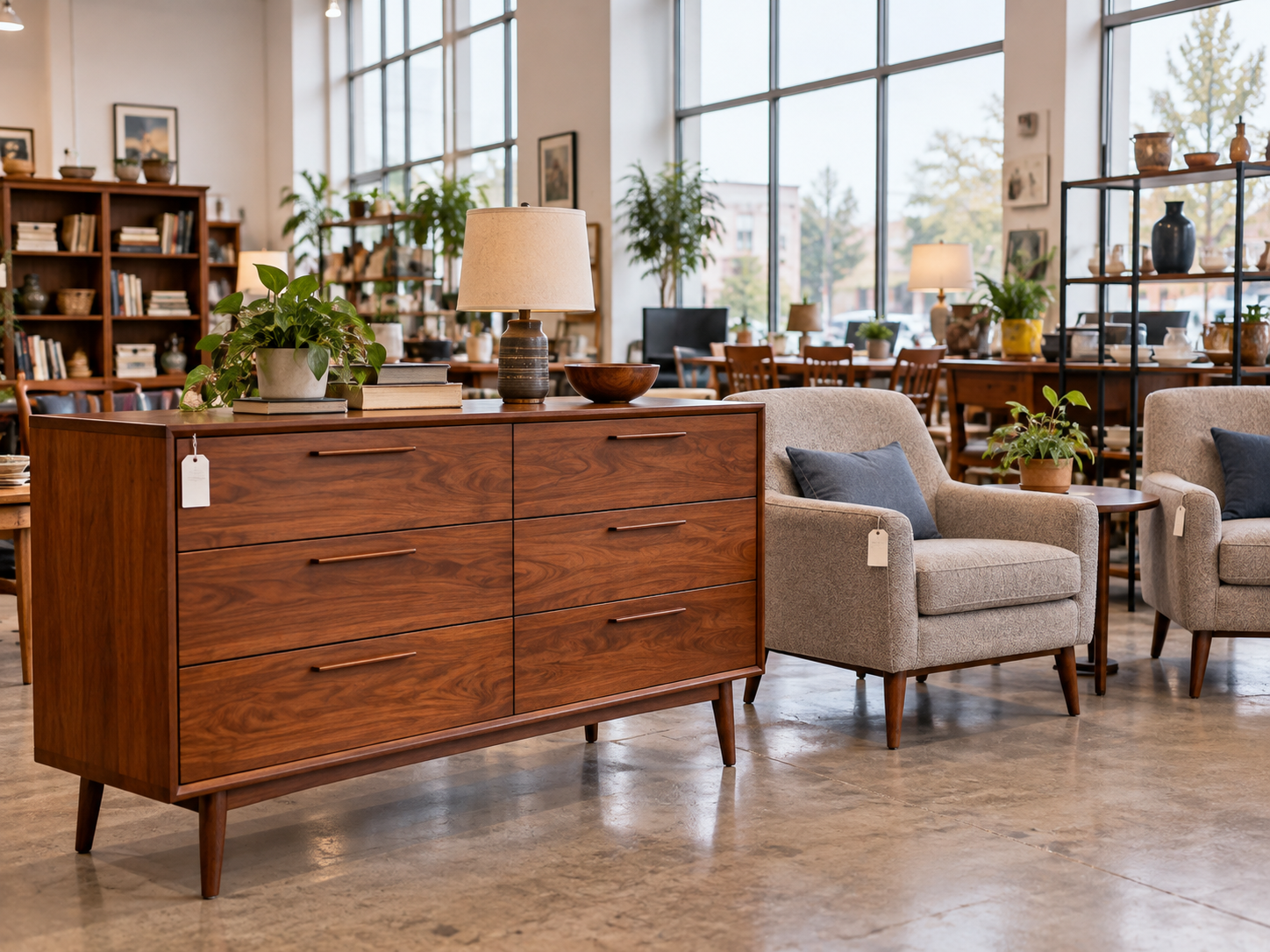 Wood dresser and armchairs with price tags on a bright secondhand furniture showroom floor
