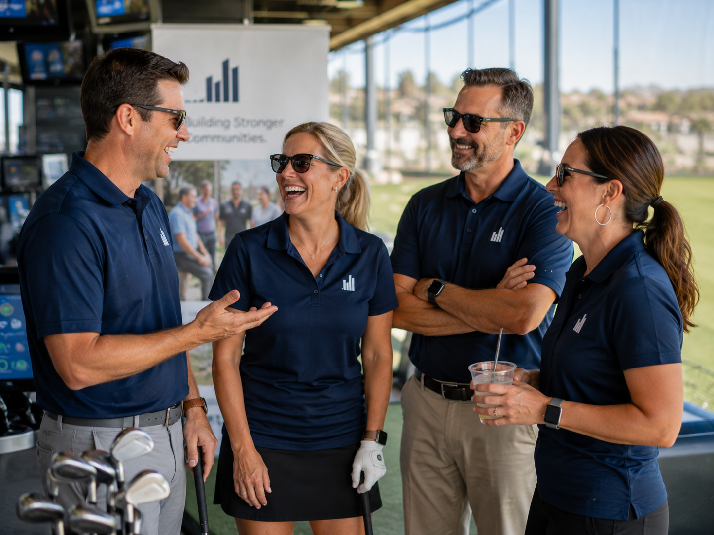 Business colleagues in branded polos laughing together in a golf hitting bay under bright daylight