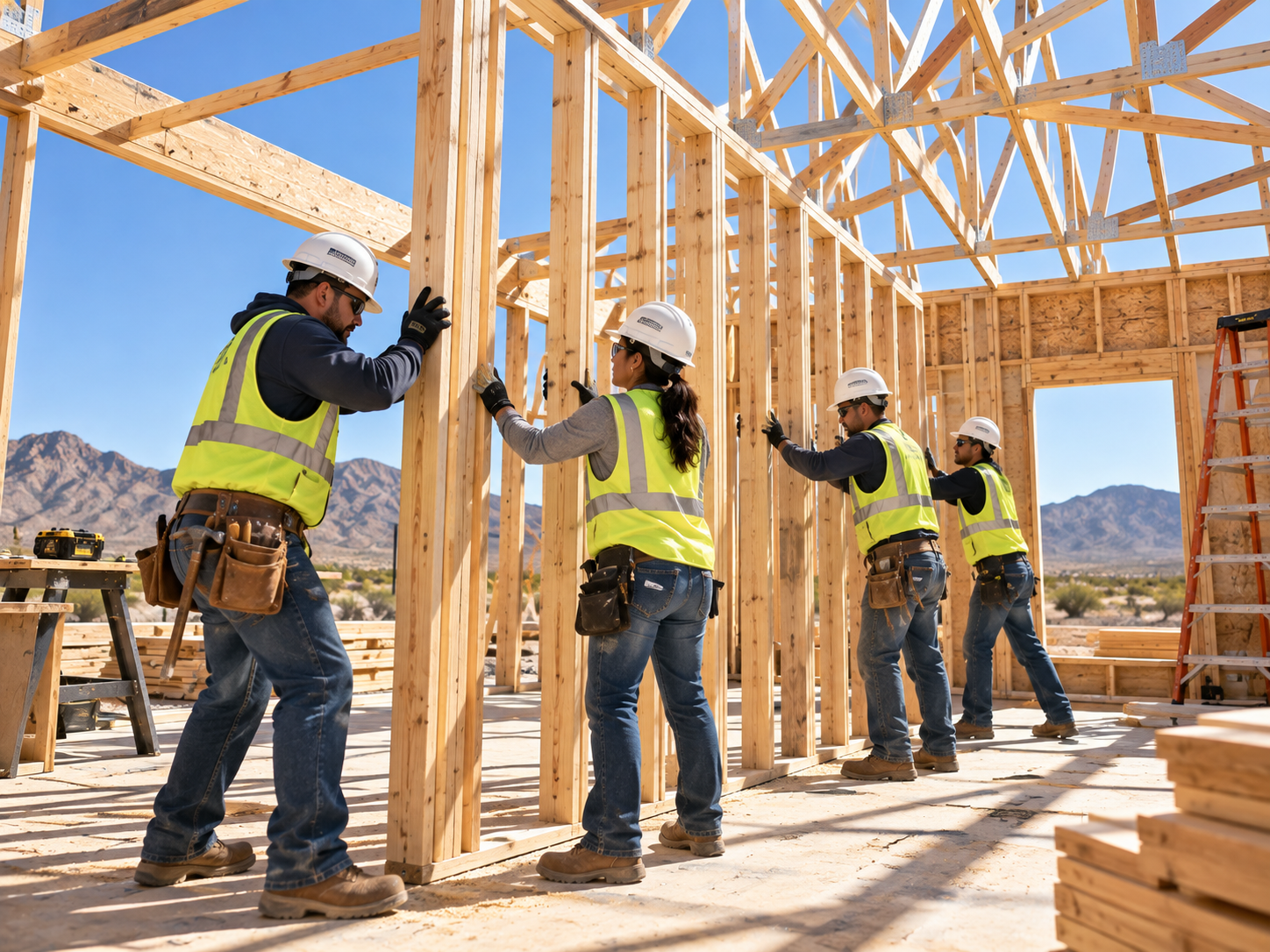 Coworkers in safety vests and hard hats framing an interior wall together on a residential build sit