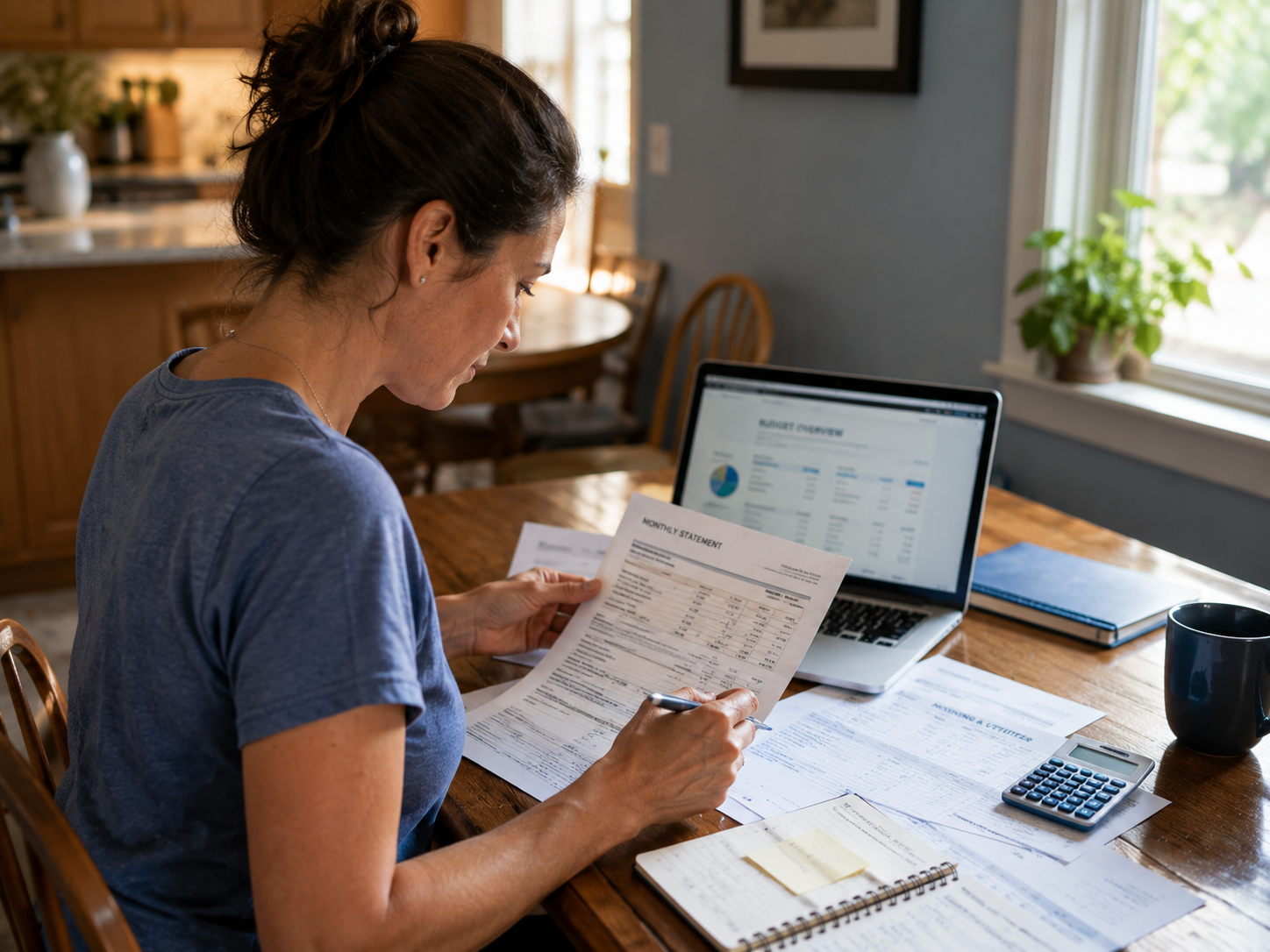 Woman at a kitchen table reviewing application paperwork with a pen, laptop open beside her