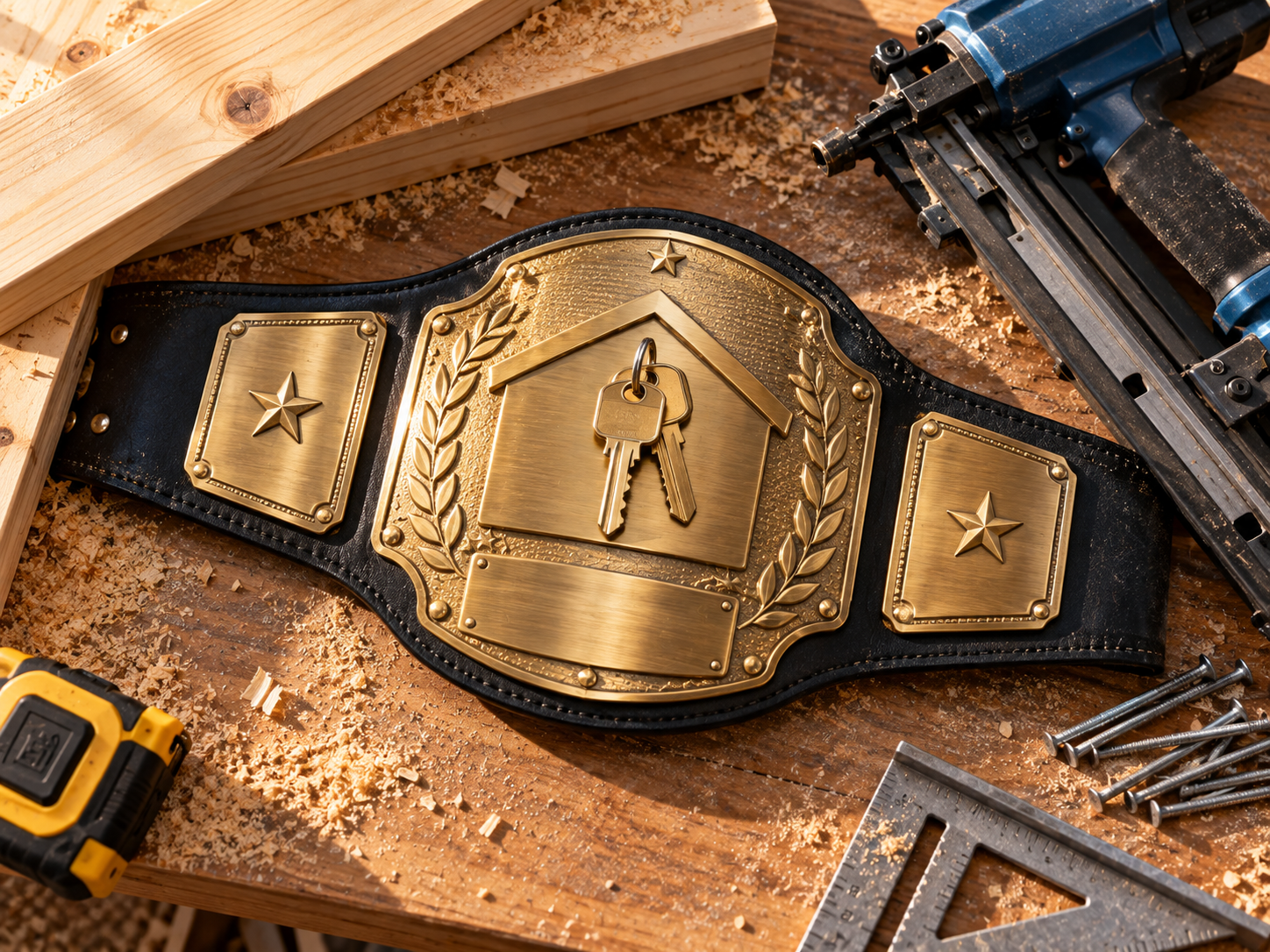 Championship belt with a house key in the center plate resting on a workbench beside framing lumber